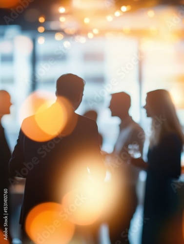 A blurred shot of business people networking at an office party, with soft lighting and bokeh effects creating a warm, social atmosphere.