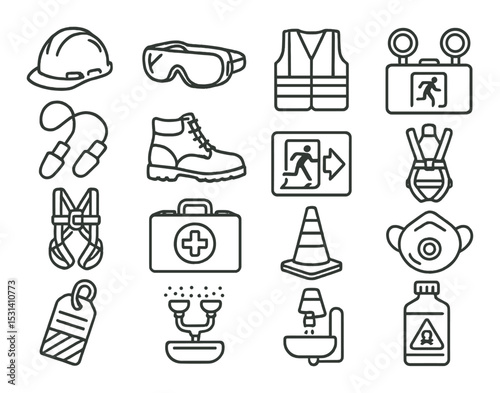 Safety equipment set. industrial protection flat helmet, goggles, vest, icons vector.
