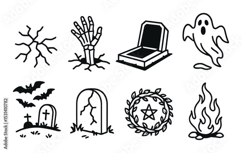 Halloween graveyard set. spooky silhouette icons: tombstone, ghost, bat, fire, skeleton, vector icons