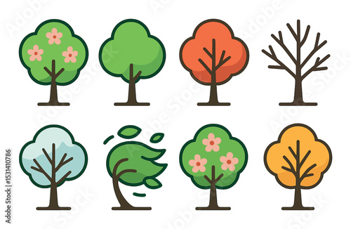 Tree icon set. nature and seasonal flat design. blossom, leafy, autumn, winter vector icons.