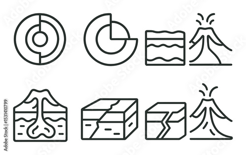 Geology icon set. earthquake, volcano, rock, fault, plate tectonics linear vector icons.