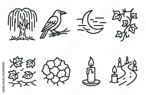 Halloween icon set. spooky flat symbols: tree, raven, moon, leaves, candle, path vector icons.