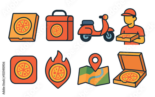 Pizza delivery set. fast food silhouette icons. scooter, box, courier, fire vector icons.