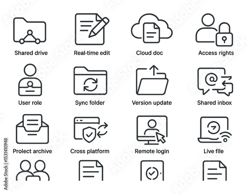 Cloud document set. file management silhouette icons. drive, edit, sync, access, inbox vector icons.