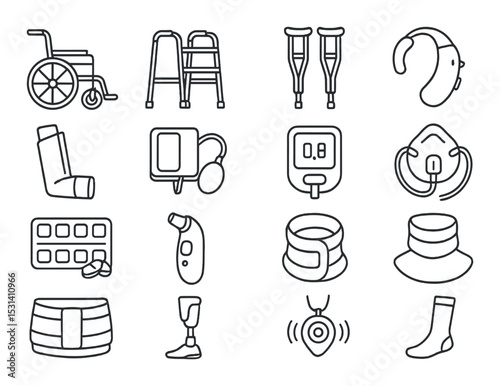 Mobility aid set. linear wheelchair, walker, crutches, hearing aid vector icons.