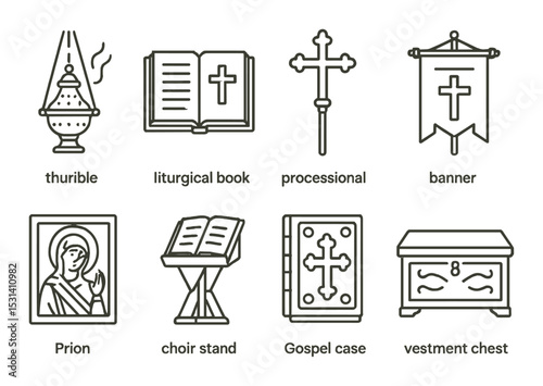 Liturgical set. church symbols linear icons. thurible, book, cross, banner, choir stand vector icons.