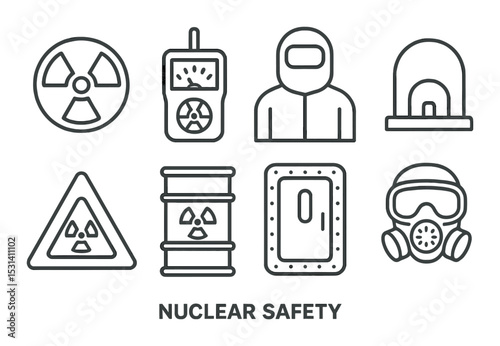 Nuclear safety set. radiation, hazmat, gas mask, reactor, geiger counter, barrel, vector icons.