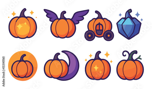 Pumpkin icon set: magical pumpkins, carriage, moon, winged, crystal silhouette vector icons