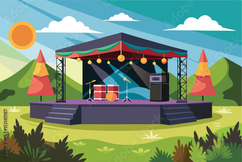 Outdoor stage illustration with drums microphones and amplifier in a scenic green landscape