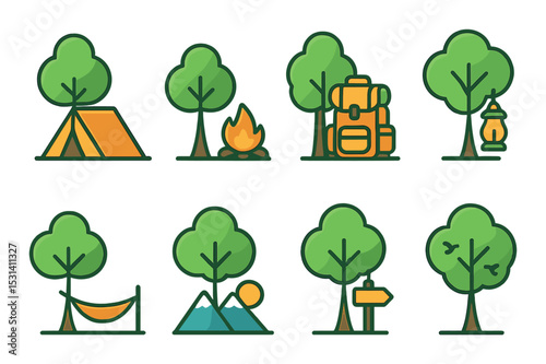 Camping icon set. outdoor adventure flat icons. tent, fire, backpack, lantern, tree vector icons.