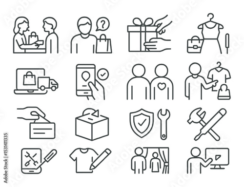Shopping communication set. retail linear icons. gift, delivery, clothes, security, payment vector icons.