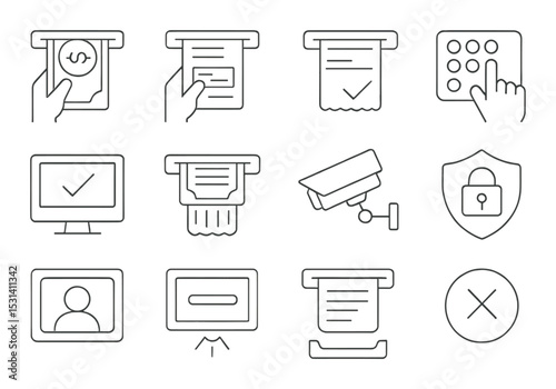 Receipt and security icon set. payments, cctv, lock, transaction, monitor silhouette vector icons.