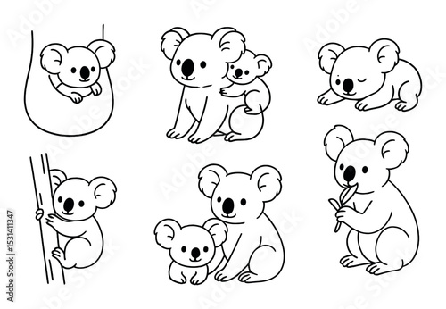 Koala bear set. animal family silhouette icons. koala, baby, tree, leaf, hugging vector icons.