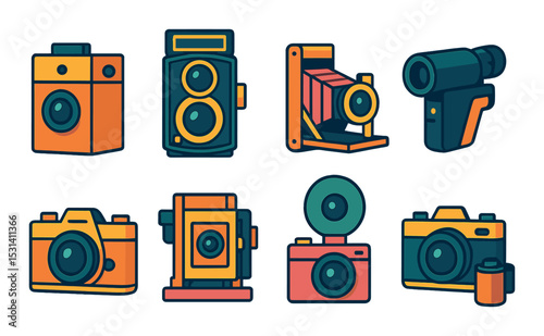 Camera set. vintage analog flat equipment. lens, film, polaroid, photography vector icons.
