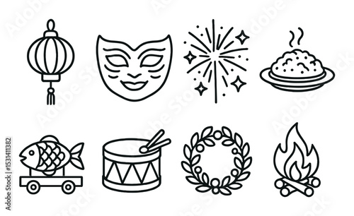 Festival celebration set. holiday silhouette icons: lantern, mask, firework, rice, vector icons