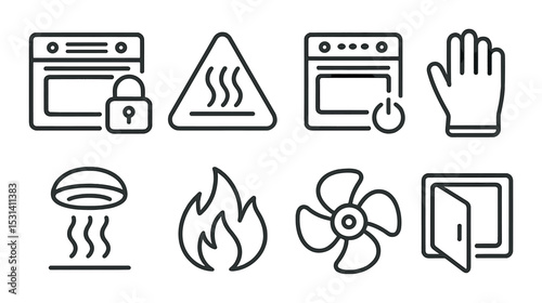 Oven safety set. kitchen appliance linear icons. oven, lock, glove, fan, fire vector icons.