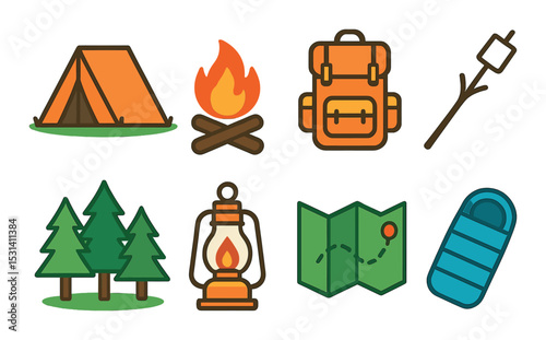 Camping equipment set. outdoor adventure flat icons: tent, fire, map, lantern, backpack