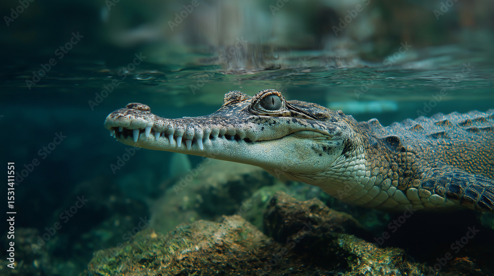 Fototapeta premium Close up gavial under the river in the background 4K