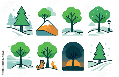 Tree and nature icon set. forest landscape flat style: trees, mountains, sunset, wildlife vector icons.