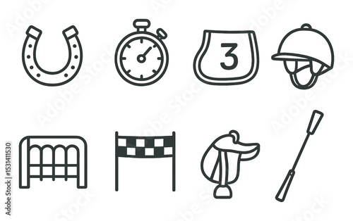 Equestrian icon set. horse riding linear symbols. horseshoe, stopwatch, saddle, helmet vector icons.