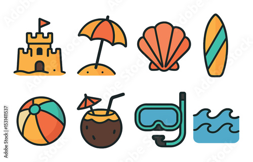 Beach vacation set. summer beach flat icons. umbrella, shell, ball, snorkel, wave vector icons.