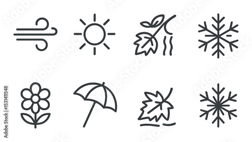 Weather elements set. seasonal nature silhouette icons: wind, sun, leaf, snowflake vector