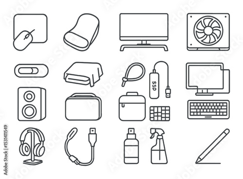 Electronics gadget set. linear tech devices. mouse, monitor, speaker, usb, keyboard vector icons.