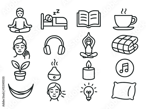 Relaxation icon set. wellness, yoga, sleep, tea, music, candle, plant silhouette vector icons.