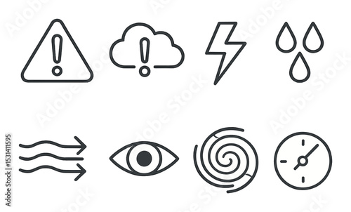 Weather alert set. linear weather icons. rain, lightning, cloud, wind, eye, swirl, clock vector icons.