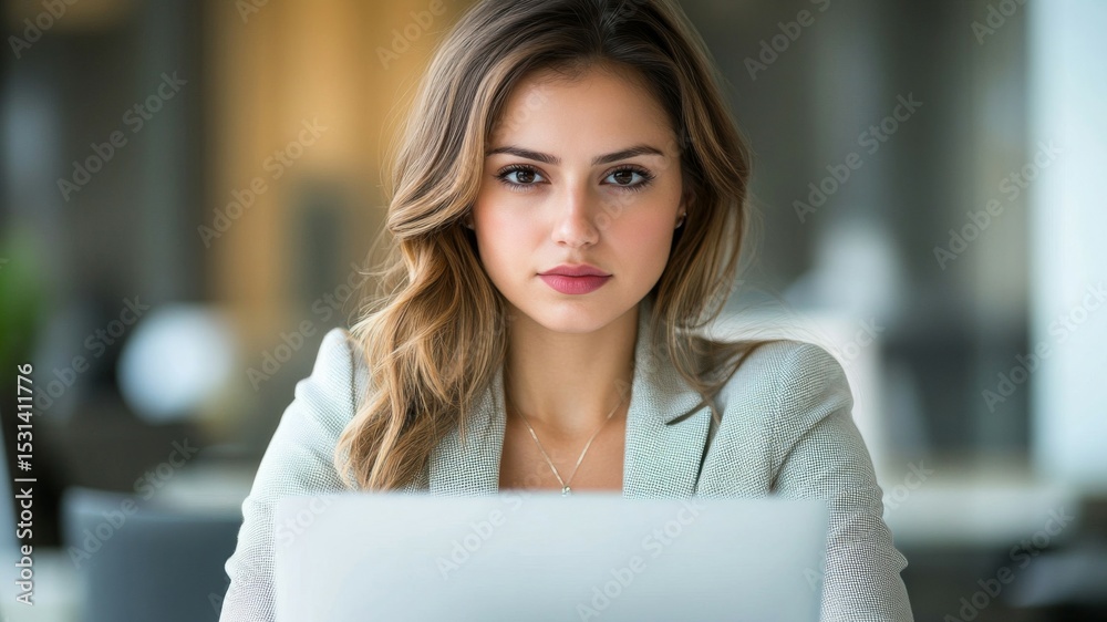 Portrait of a Young Businesswoman Using a Laptop in a Modern Office Portrait of a Young Businesswoman Using a Laptop in a Modern Office