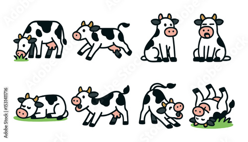 Cow icon set. farm animal silhouette cows. grazing, sleeping, jumping, sitting vector icons.