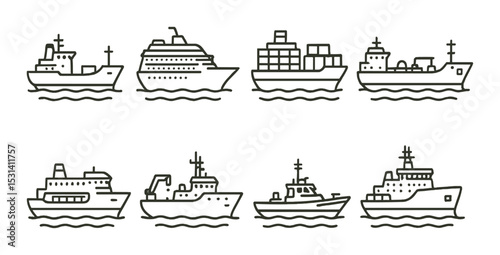 Ship and boat set. nautical transport silhouette ships and boats vector icons.