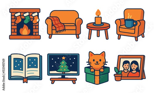 Cozy winter set. home comfort flat fireplace, sofa, candle, mug, book, cat, frame vector icons.
