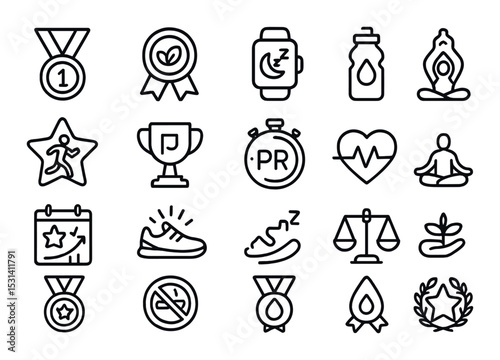 Fitness awards set. health achievements linear icons. medal, yoga, heart, stopwatch vector icons.