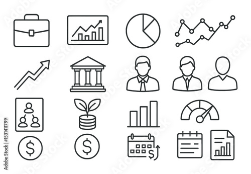 Business and finance icon set. linear charts, graphs, bank, briefcase, calendar vector icons.