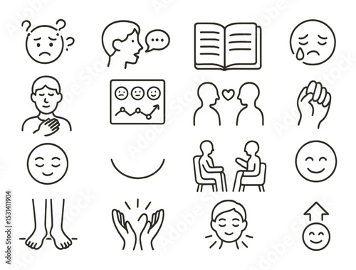 Emotional wellness set. mental health linear faces, chart, book, heart, therapy vector icons.