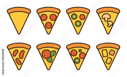 Pizza slice set. delicious food flat style. tomato, mushroom, olive, pepperoni vector icons.