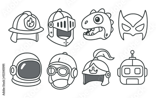Helmet set. protective headgear flat designs. firefighter, knight, dinosaur, superhero vector icons.