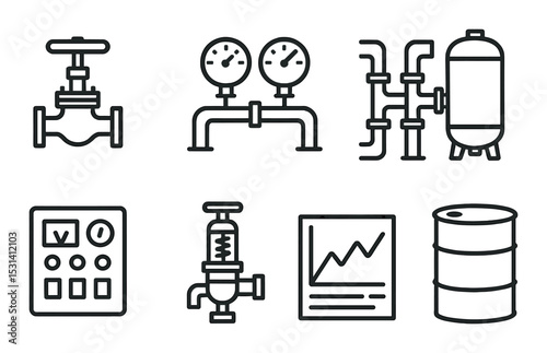 Industrial equipment set. factory tools silhouette icons. valve, gauge, pipes, tank vector icons.