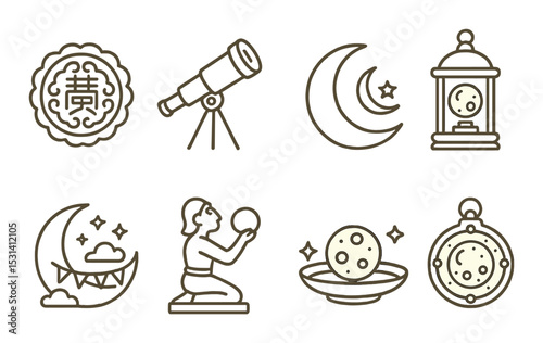 Chinese astronomy set. lunar, telescope, lantern, moon, celestial, horoscope linear vector icons