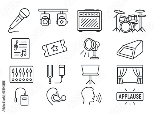 Music equipment set. audio gear linear icons: microphone, drum, amp, ticket, stage vector icons.