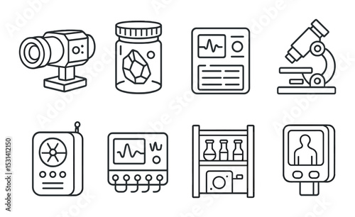 Science equipment set. laboratory flat icons. camera, microscope, monitor, sensor vector icons.