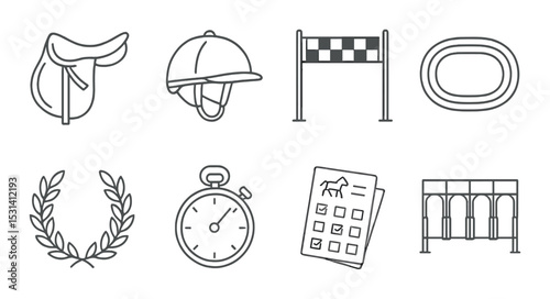 Equestrian icon set. horse riding linear elements. saddle, helmet, finish line, track, stopwatch vector icons.