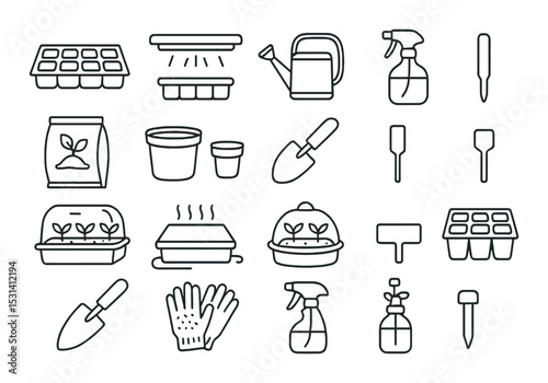 Gardening tools set. plant care linear icons. sprayer, shovel, pot, glove, seed vector icons.