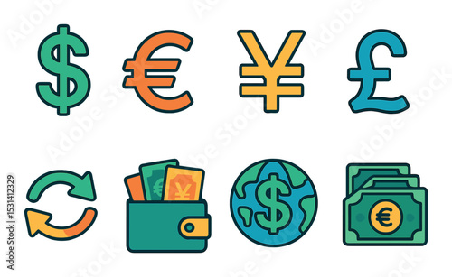 Currency symbol set. global exchange flat icons. dollar, euro, yen, pound, wallet vector icons.