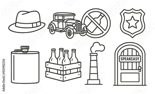 Prohibition era set. speakeasy, flask, vintage car, police badge, drink, linear vector icons.