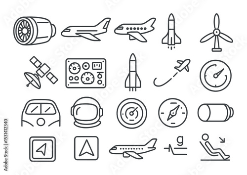 Aviation icon set. airplane, rocket, satellite, pilot, compass silhouette vector icons