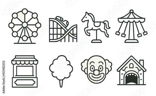 Amusement park set. carnival fun linear rides, clown, tent, horse, ferris wheel vector icons