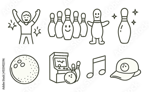 Bowling icon set. linear pictograms of ball, pins, game, strikes, player, music vector icons.