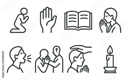 Prayer and worship set. spiritual silhouette icons. pray, meditate, bible, hands vector icons.